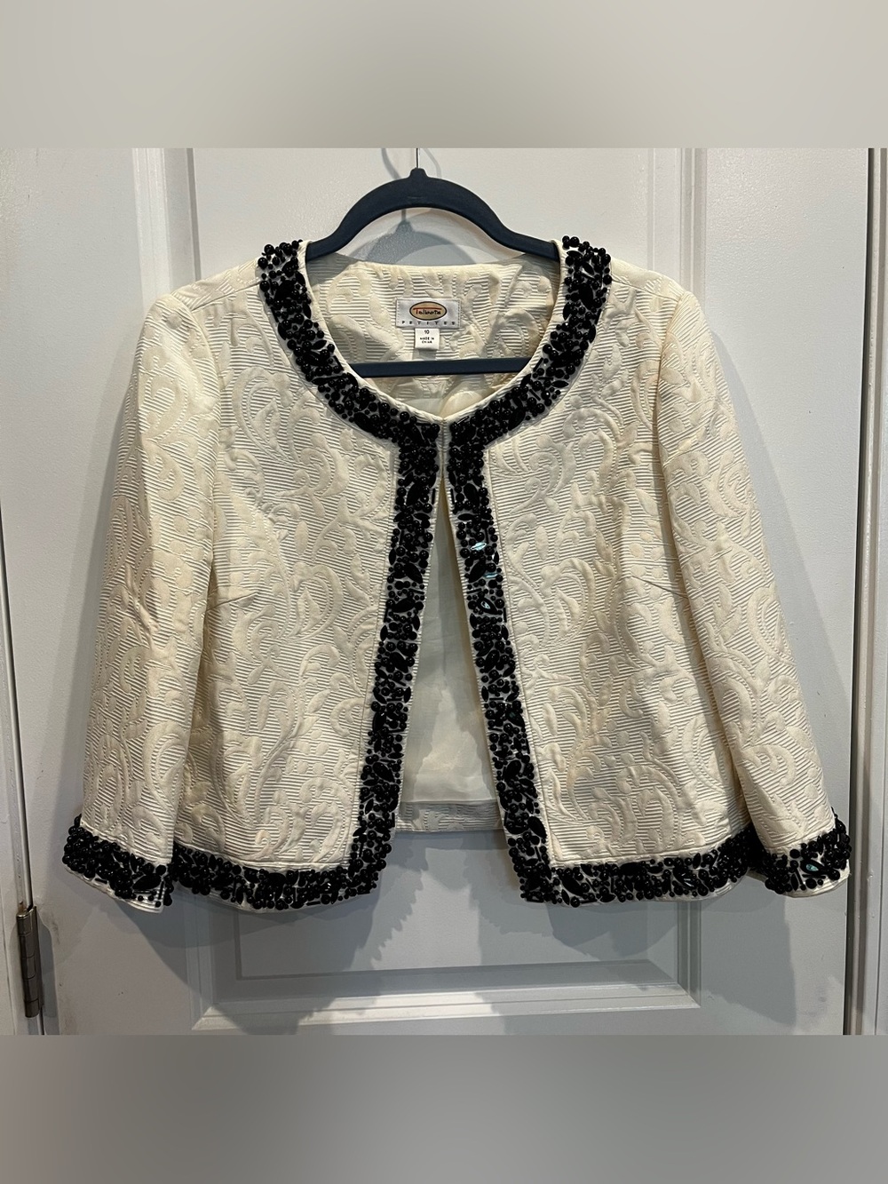 Talbots Women’s Jacquard Jacket Beaded Black Ivory 10 Petite Formal Dressy Silk